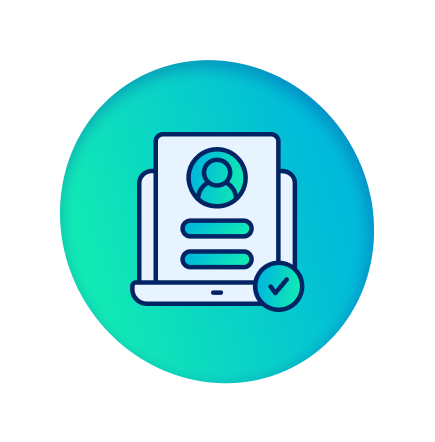 A blue circle with an icon of a computer